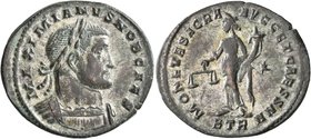 Galerius, as Caesar, 293-305. Follis (Silvered bronze, 29 mm, 6.89 g, 7 h), Treveri, circa 300-301. MAXIMIANVS NOB CAES Laureate and cuirassed bust of...