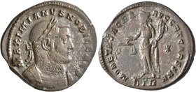 Galerius, as Caesar, 293-305. Follis (Silvered bronze, 28 mm, 8.14 g, 7 h), Treveri, circa 300-301. MAXIMIANVS NOBIL CAES Laureate and cuirassed bust ...