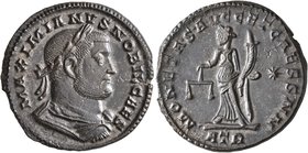 Galerius, as Caesar, 293-305. Follis (Silvered bronze, 27 mm, 8.14 g, 7 h), Treveri, circa 300-301. MAXIMIANVS NOBIL CAES Laureate, draped and cuirass...