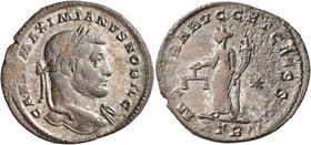 Galerius, as Caesar, 293-305. Follis (Silvered bronze, 28 mm, 7.53 g, 6 h), Treveri, circa 300-301. GA•VAL MAXIMIANVS NOBIL C Laureate head of Galeriu...