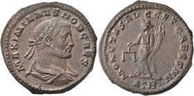 Galerius, as Caesar, 293-305. Follis (Bronze, 29 mm, 10.00 g, 6 h), Treveri, circa 300-301. MAXIMIANVS NOB CAES Laureate, draped and cuirassed bust of...
