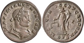 Galerius, as Caesar, 293-305. Follis (Silvered bronze, 28 mm, 9.81 g, 12 h), Treveri, circa 300-301. MAXIMIANVS NOB CAES Laureate, draped and cuirasse...
