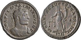 Galerius, as Caesar, 293-305. Follis (Bronze, 28 mm, 9.94 g, 6 h), Treveri, circa 301. GAL VAL MAXIMIANVS N C Laureate and cuirassed bust of Galerius ...