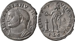 Galerius, as Caesar, 293-305. Follis (Bronze, 27 mm, 8.79 g, 6 h), Lugdunum, circa 301-303. MAXIMIANVS NOB C Laureate and cuirassed bust of Galerius t...