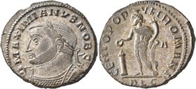 Galerius, as Caesar, 293-305. Follis (Silvered bronze, 29 mm, 10.69 g, 1 h), Lugdunum, circa 301-303. MAXIMIANVS NOB C Laureate and cuirassed bust of ...