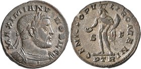Galerius, as Caesar, 293-305. Follis (Silvered bronze, 27 mm, 10.85 g, 7 h), Treveri, circa 303-May 305. MAXIMIANVS NOBIL C Laureate and cuirassed bus...