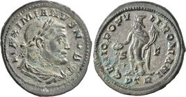 Galerius, as Caesar, 293-305. Follis (Silvered bronze, 29 mm, 10.71 g, 7 h), Treveri, circa 303-May 305. MAXIMIANVS NOB C Laureate and draped bust of ...