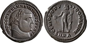 Galerius, 305-311. Follis (Bronze, 26 mm, 7.52 g, 7 h), Nicomedia, December 308-circa May 310. IMP C GAL VAL MAXIMIANVS P F AVG Laureate head of Galer...