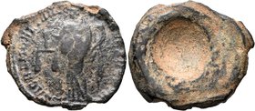 Uncertain. 'Tessera' (Lead, 26 mm, 6.08 g), time of the first Tetrarchy, 293-305. SACRA MONET AVGG ET CAESS NOSTR Moneta standing front, head to left,...