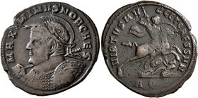 Maximinus II, as Caesar, 305-309. Follis (Bronze, 29 mm, 7.62 g, 12 h), Aquileia, May 305-July 306. MAXIMINVS NOB CAES Helmeted and cuirassed bust of ...