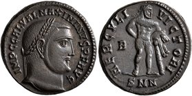 Maximinus II, 310-313. Follis (Bronze, 21 mm, 5.18 g, 7 h), Nicomedia, circa 311. IMP C GAL VAL MAXIMINVS P F AVG Laureate head of Maximinus II to rig...