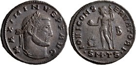 Maximinus II, 310-313. Follis (Bronze, 24 mm, 5.18 g, 6 h), Thessalonica, circa 312. MAXIMINVS P F AVG Laureate head of Maximinus II to right. Rev. IO...