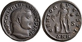Maximinus II, 310-313. Follis (Bronze, 22 mm, 5.00 g, 1 h), Nicomedia, circa 312. IMP C GAL VAL MAXIMINVS P F AVG Laureate head of Maximinus II to rig...