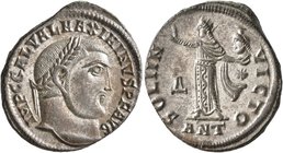Maximinus II, 310-313. Follis (Silvered bronze, 22 mm, 4.46 g, 11 h), Antiochia, 312. IMP C GAL VAL MAXIMINVS P F AVG Laureate head of Maximinus II to...