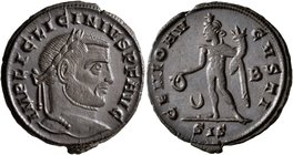 Licinius I, 308-324. Follis (Bronze, 25 mm, 6.90 g, 12 h), Siscia, circa 309-310. IMP LIC•LICINIVS P F AVG Laureate head of Licinius I to right. Rev. ...