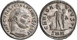 Licinius I, 308-324. Follis (Silvered bronze, 22 mm, 5.20 g, 7 h), Nicomedia, circa 312. IMP C VAL LICIN LICINIVS P F AVG Laureate head of Licinius I ...