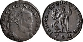 Licinius I, 308-324. Follis (Bronze, 23 mm, 3.55 g, 7 h), Thessalonica, circa 312-313. IMP LIC LICINIVS P F AVG Laureate, draped and cuirassed bust of...
