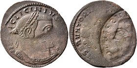 Licinius I, 308-324. Follis (Bronze, 25 mm, 3.10 g, 6 h), brockage mint error, Thessalonica, circa 312-313. IM[P L]IC LICINIVS [P F AVG] Laureate, dra...