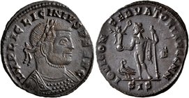 Licinius I, 308-324. Follis (Bronze, 23 mm, 3.63 g, 7 h), Siscia, early 313. IMP LIC LICINIVS P F AVG Laureate and cuirassed bust of Licinius I to rig...