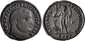 Licinius I, 308-324. Follis (Bronze, 23 mm, 3.76 g, 6 h), Heraclea, early 313. IMP C VAL LICIN LICINIVS P F AVG Laureate head of Licinius I to right. ...