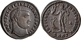 Licinius I, 308-324. Follis (Bronze, 23 mm, 3.51 g, 12 h), Heraclea, early 313. IMP C VAL LICIN LICINIVS P F AVG Laureate head of Licinius I to right....