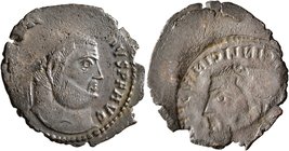 Licinius I, 308-324. Follis (Bronze, 25 mm, 2.15 g, 3 h), brockage mint error, Antiochia, circa 313. [IMP C VAL LICIN LICIN]IVS P F AVG. Rev. Incuse o...