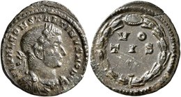 Constantine I, as Caesar, 306-309. 1/4 Follis (Bronze, 18 mm, 1.87 g, 11 h), Treveri, circa summer 307. FL VAL CONSTANTINVS NOB C Laureate, draped and...
