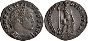 Constantine I, 307/310-337. Follis (Bronze, 21 mm, 4.00 g, 6 h), Ticinum, 312-313. CONSTANTINVS P F AVG Laureate and cuirassed bust of Constantine I t...