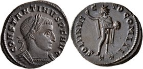 Constantine I, 307/310-337. Follis (Bronze, 23 mm, 4.63 g, 7 h), Ticinum, 312-313. CONSTANTINVS P F AVG Laureate and cuirassed bust of Constantine I t...