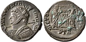 Constantine I, 307/310-337. Follis (Silvered bronze, 17 mm, 2.17 g, 7 h), a contemporary imitation of an issue from Treveri, after 318. IMP CONSTANTI-...