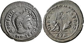 Constantine I, 307/310-337. Follis (Bronze, 22 mm, 2.68 g, 7 h), a contemporary imitation of an issue from Treveri, after 320. CONSTANTINVS AVG Helmet...