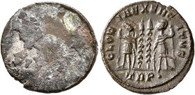 Constantine I (?), 307/310-337. Follis (Bronze, 17 mm, 2.45 g), uniface mint error, Treveri, 330-331. Blank. Rev. GLOR-IA EXERC-ITVS / TRP• Two soldie...