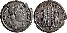 Constantine I, 307/310-337. Follis (Bronze, 18 mm, 2.26 g, 7 h), Treveri, circa 332-335. CONSTANTINVS MAX AVG Rosette-diademed, draped and cuirassed b...