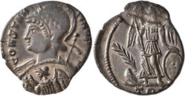 Commemorative Series, 330-354. Follis (Bronze, 17 mm, 2.33 g, 6 h), Treveri, 333-334. CONSTAN-[TINOPOLIS] Helmeted, laureate and mantled bust of Const...