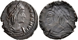 Theodora, died before 337. Follis (Bronze, 17 mm, 1.55 g, 12 h), brockage mint error, Treveri, 337-340. [FL MAX THEO]DORAE AVG Laureate and draped bus...