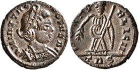 Theodora, died before 337. Follis (Bronze, 15 mm, 1.82 g, 1 h), a contemporary imitation of an issue from Treveri, after 337. LMIHITHoDoRIIVAG Diademe...