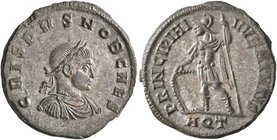 Crispus, Caesar, 316-326. Follis (Silvered bronze, 19 mm, 3.46 g, 11 h), Aquileia, 317. CRISPVS NOB CAES Laureate, draped and cuirassed bust of Crispu...