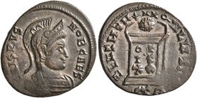 Crispus, Caesar, 316-326. Follis (Bronze, 20 mm, 2.13 g, 1 h), a contemporary imitation of an issue from Treveri, after 321. CRISPVS NOB CAES Helmeted...