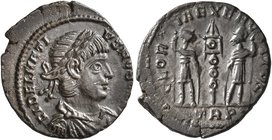 Delmatius, Caesar, 335-337. Follis (Bronze, 17 mm, 1.75 g, 6 h), Treveri, 335-337. FL DELMATI-VS NOB CAES Laureate, draped and cuirassed bust of Delma...
