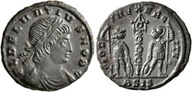 Delmatius, Caesar, 335-337. Follis (Bronze, 17 mm, 1.57 g, 1 h), Siscia, 335-336. FL DELMATIVS NOB C Laureate, draped and cuirassed bust of Delmatius ...