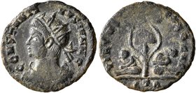 Constantine II, as Caesar, 316-337. Follis (Bronze, 17 mm, 1.65 g, 7 h), a contemporary imitation of an issue from Treveri, after 320. CONSTANTI-NVS I...