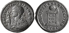 Constantine II, as Caesar, 316-337. Follis (Bronze, 20 mm, 4.35 g, 12 h), Treveri, 322-323. CONSTANTINVS IVN NOB C Laureate, draped and cuirassed bust...
