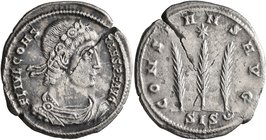 Constans, 337-350. Siliqua (Silver, 21 mm, 3.20 g, 12 h), Siscia, 337-340. FL IVL CONS-TANS P F AVG Rosette-diademed, draped and cuirassed bust of Con...