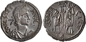 Constans, 337-350. Follis (Bronze, 18 mm, 2.23 g, 6 h), a contemporary imitation of an issue from Treveri, after 337. CONSTAV AVG• Laureate, draped an...