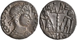 Constans (?), 337-350. Follis (Bronze, 14 mm, 1.56 g, 11 h), a contemporary imitation of an issue from Treveri, after 337. Laureate, draped and cuiras...