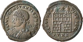 Constantius II, as Caesar, 324-337. Follis (Bronze, 19 mm, 2.71 g, 7 h), Treveri, 327-328. FL IVL CONSTANTIVS NOB C Laureate, draped and cuirassed bus...