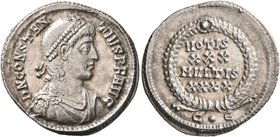 Constantius II, 337-361. Siliqua (Silver, 21 mm, 3.14 g, 12 h), Constantinopolis, March 351-November 355. D N CONSTAN-TIVS P F AVG Pearl-diademed, dra...