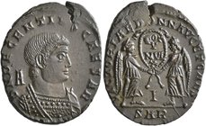 Decentius, Caesar, 350/1-353. Follis (Bronze, 24 mm, 4.79 g, 12 h), Arelate. D N DECENTIVS CAESAR Bare-headed and cuirassed bust of Decentius to right...