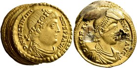 Valentinian I, 364-375. Five Solidi (Gold, 21x7 mm, 25.85 g, 9 h). Includes Valentinian I and Gratian. A very interesting group. Scrapes and chisel ma...