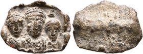 Uncertain. Seal (Lead, 13x17 mm, 2.54 g), 367-375 or 393-395. Three facing imperial busts, all diademed, draped and cuirassed; the one in the center l...